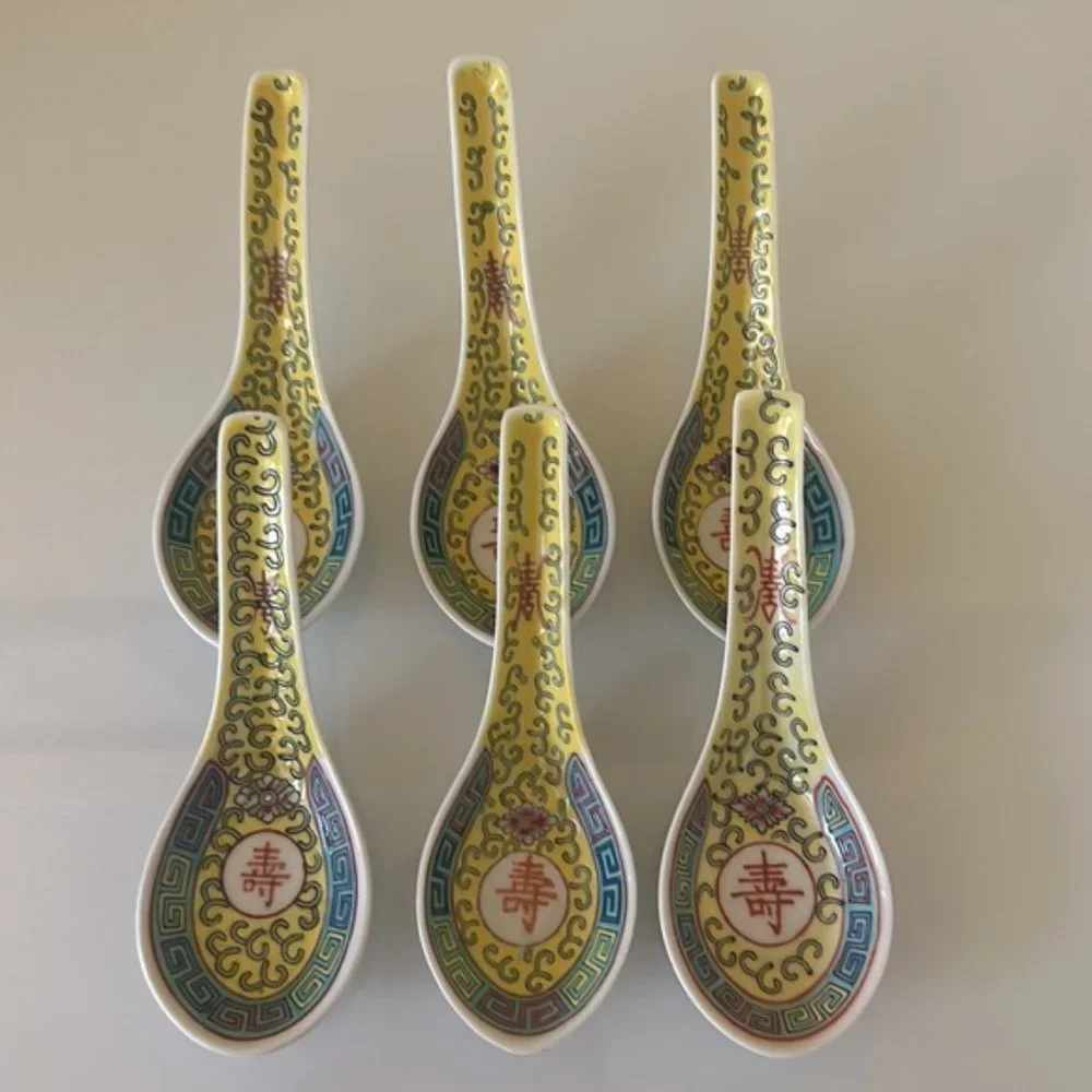 China Jingdezhen Wanshou Porcelain Soup Spoons Yellow Hand Painted Set of 7